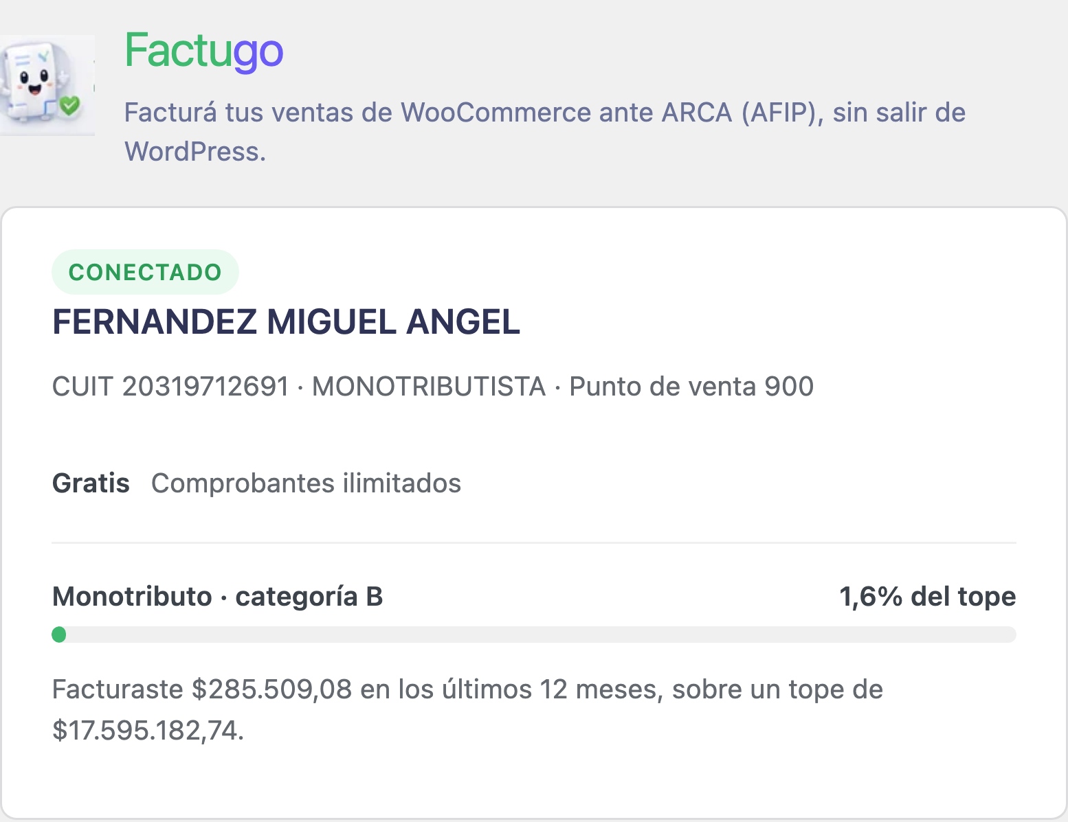 Pantalla de ajustes del plugin de Factugo con la cuenta conectada