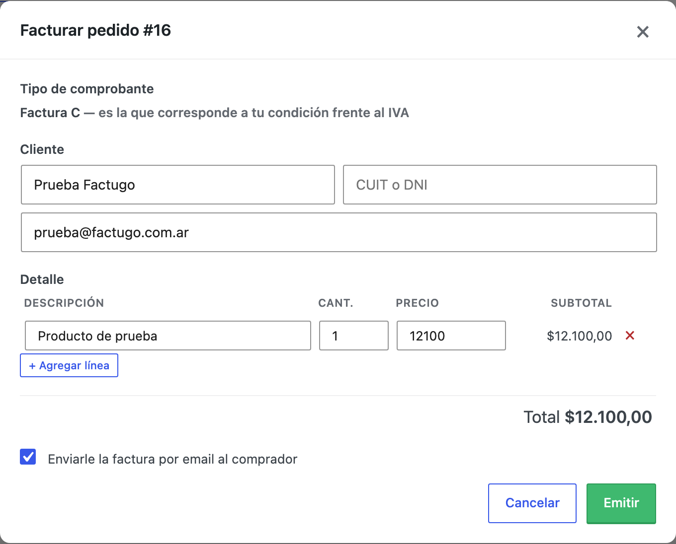 El panel de facturación de Factugo dentro de WooCommerce, con los ítems del pedido editables antes de emitir